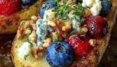 Mediterranean Baked Pears with Honey, Fresh Berries, Walnuts & Feta Crumble