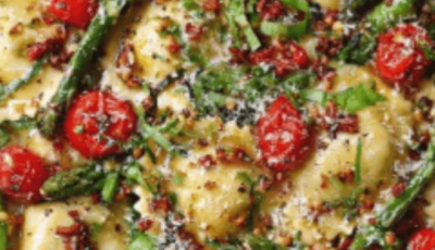 Vegan Ravioli with Tomatoes Asparagus Garlic and Herbs